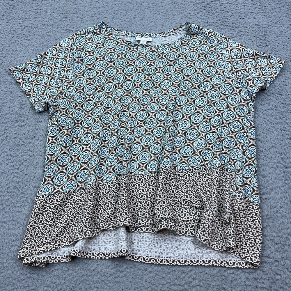 J Jill Love Linen Top Women's 1X Geometric Short Sleeve Flowy Pattern 100% Linen